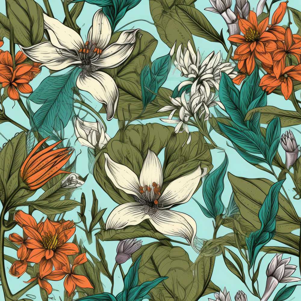 Tropical Floral Leaves Blue Background Wildflower Pattern Botanical