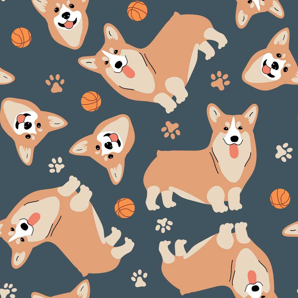 Playful Corgi Dogs Basketball Decorative Repeat Pattern Design
