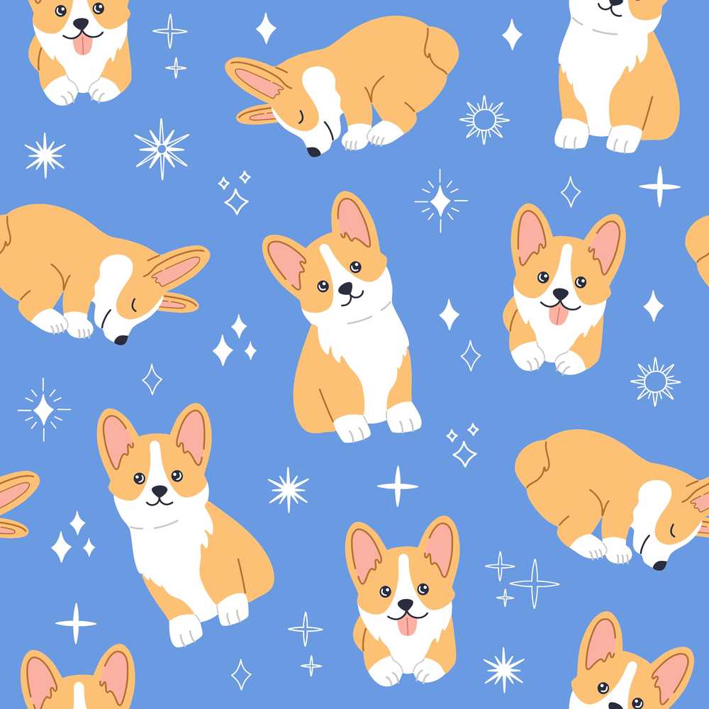 Cute Corgi Dogs Stars Blue Background Decorative Repeat