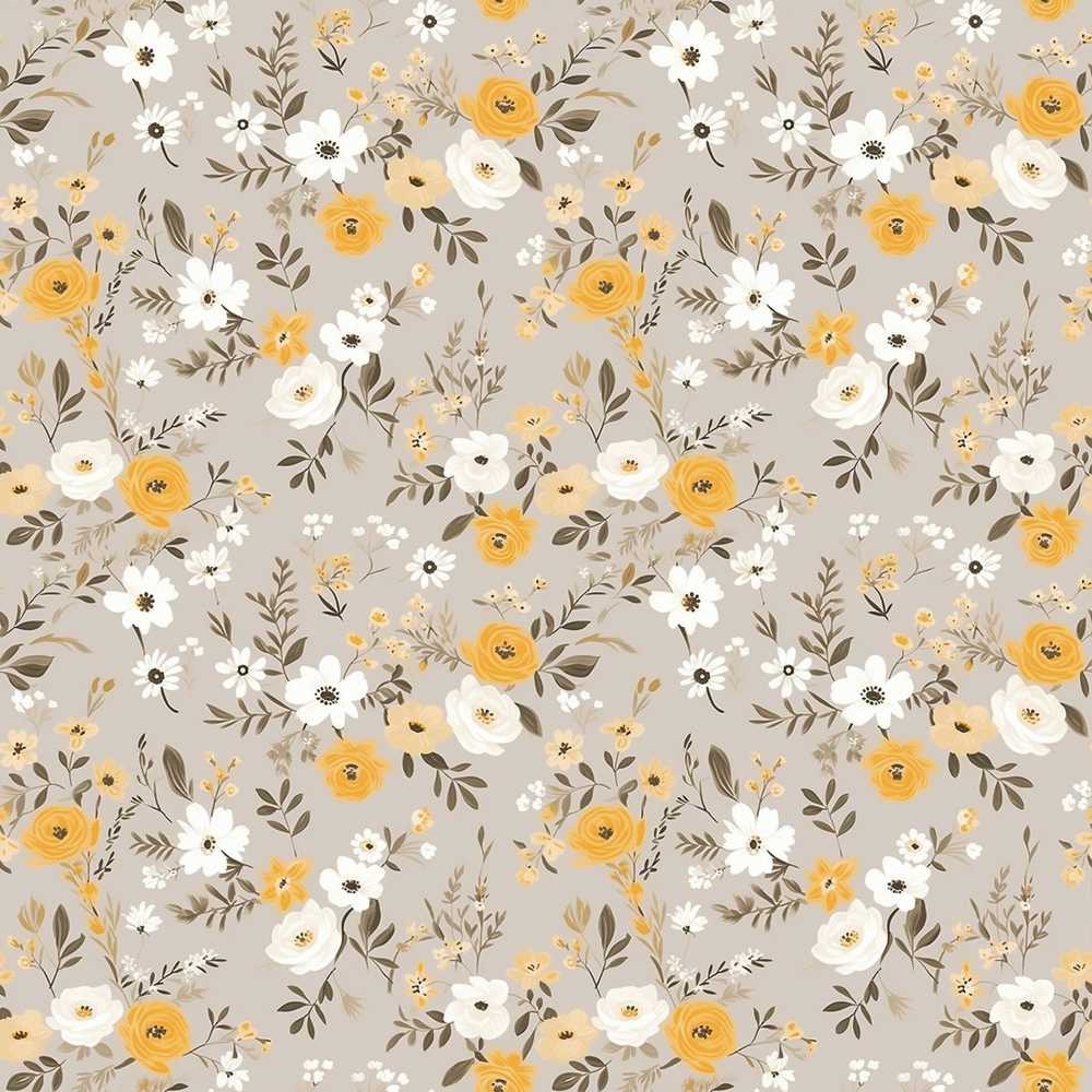 Yellow White Floral Meadow on Beige Wildflower Pattern Botanical