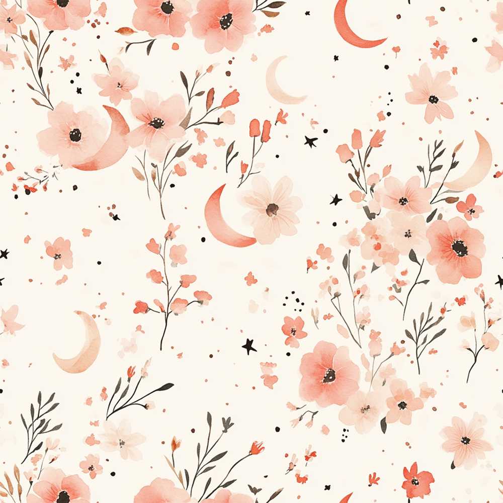 Peach Floral Moon Wildflower Pattern Botanical Decorative
