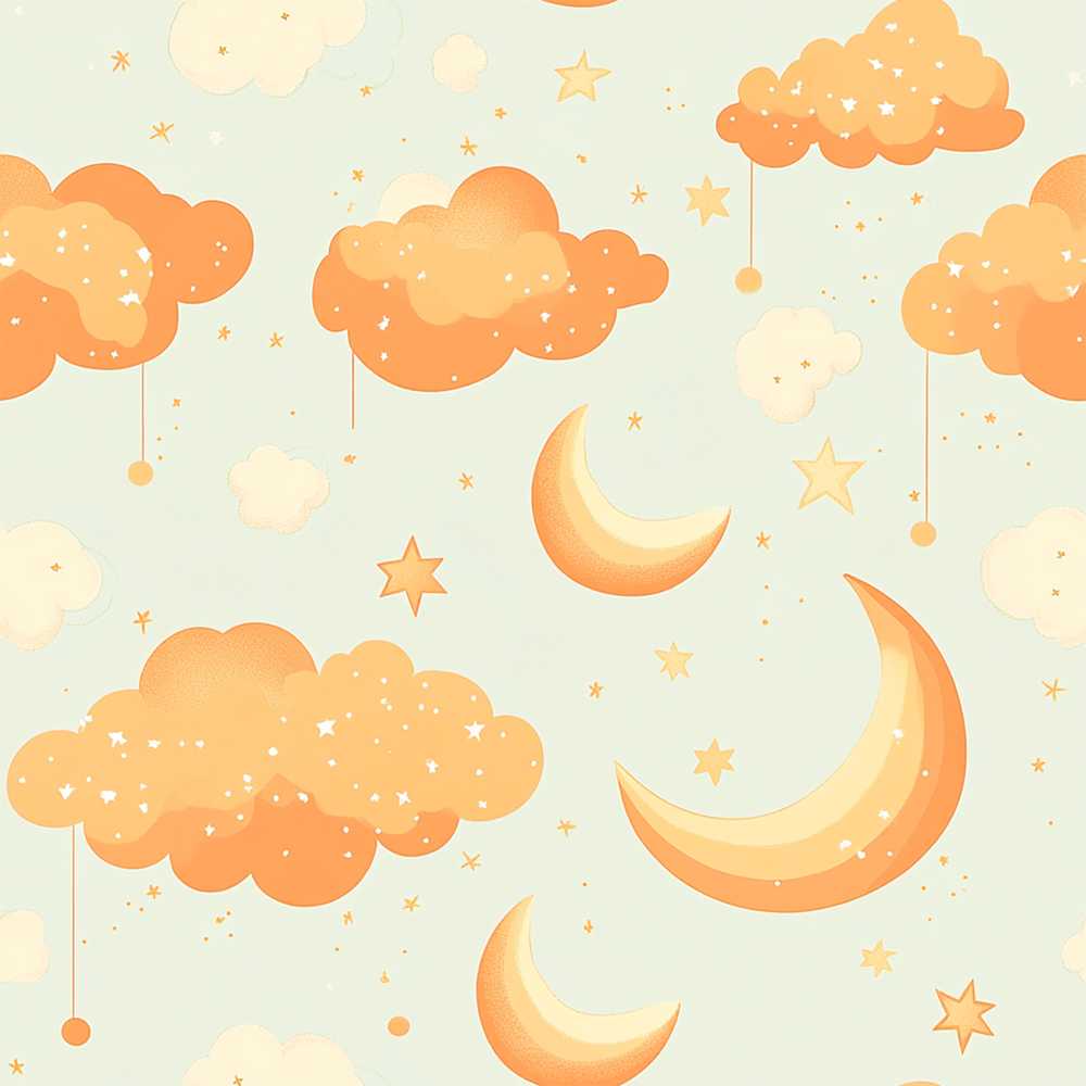 Orange Clouds Moon Stars Cosmic Illustration Pattern Design
