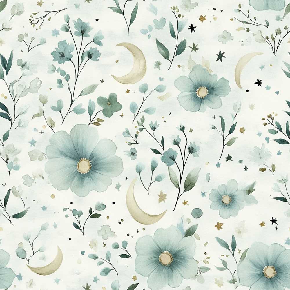 Blue Floral Moon Wildflower Pattern Botanical Decorative