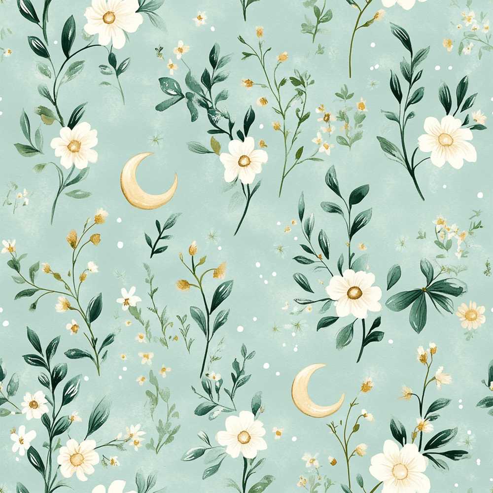 Green Floral Moon Wildflower Pattern Botanical Decorative