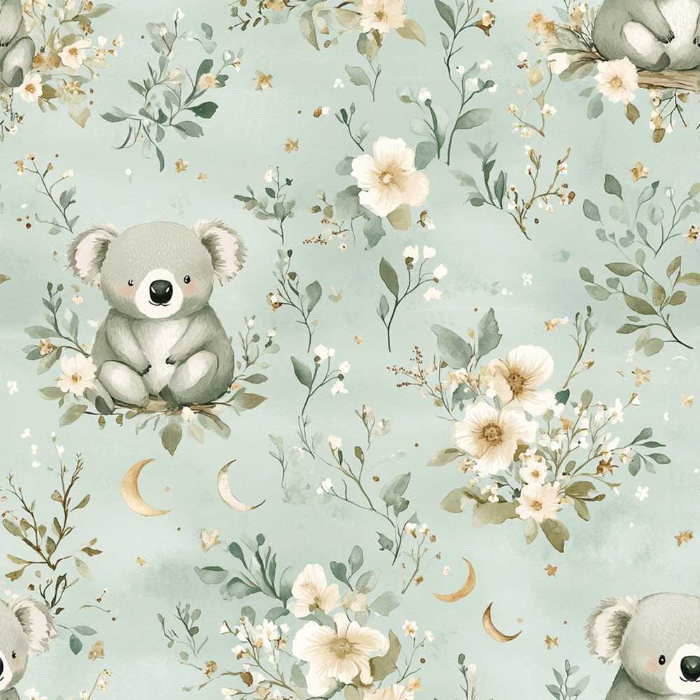 Daisy and Moon Botanical Green Background Seamless Wildflower Pattern