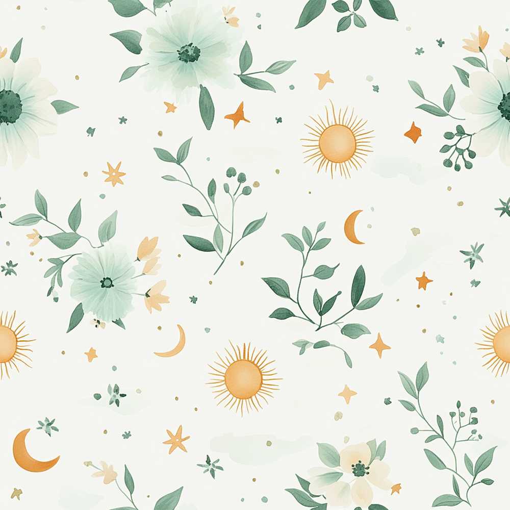 Minimal Floral Leaves and Sun White Background Seamless Wildflower