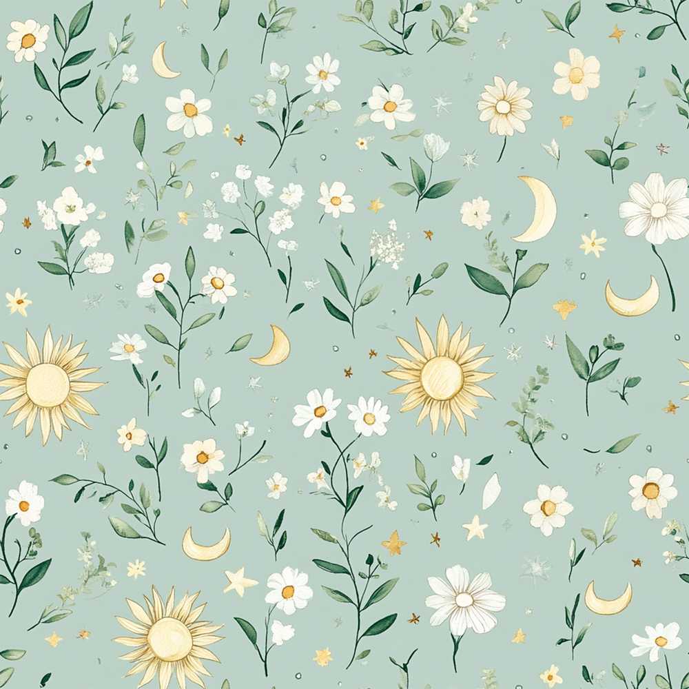 Minimal Floral Leaves and Sun moon Beautiful Background Seamless