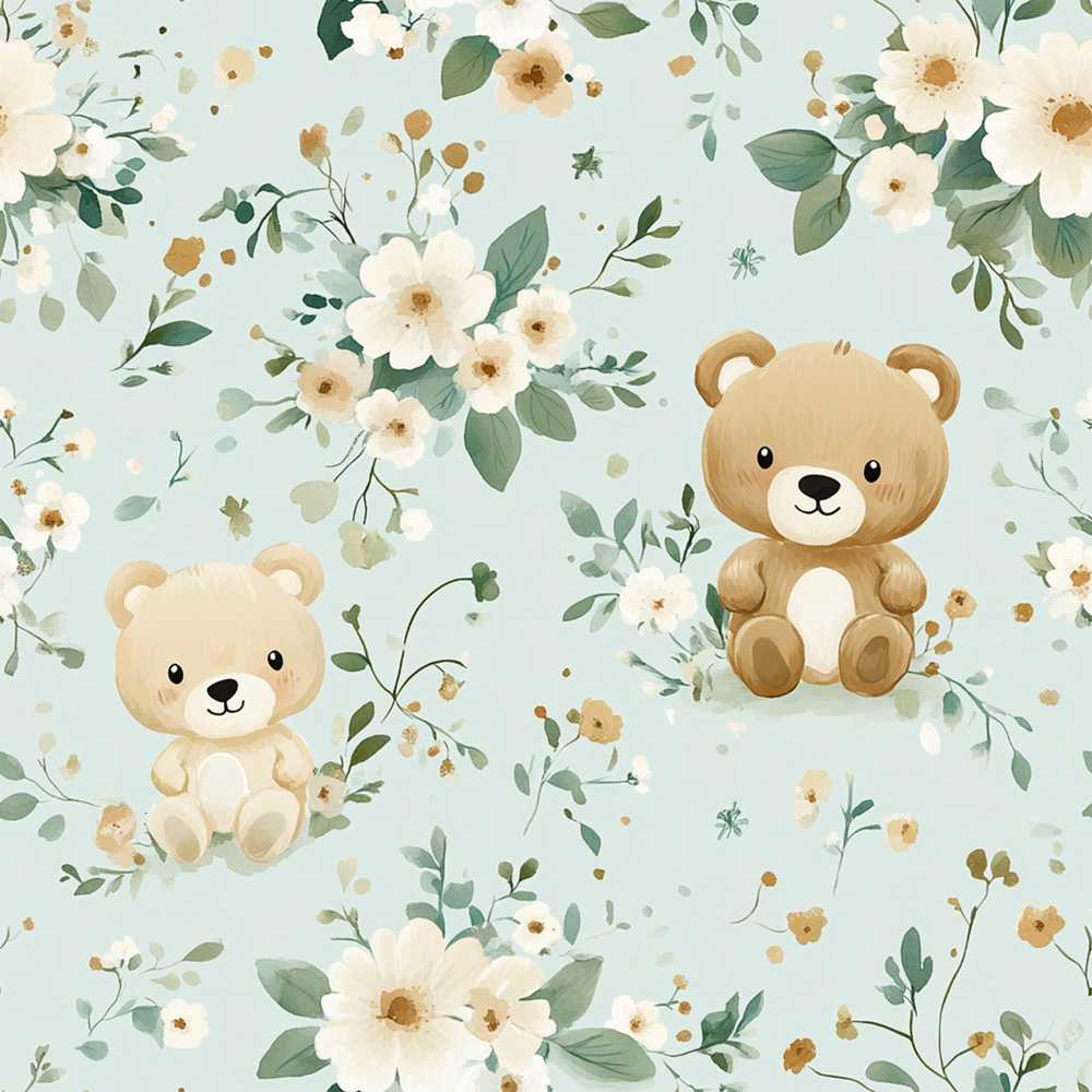 Teddy Bear Floral Nursery Blue Background Seamless Wildflower Pattern