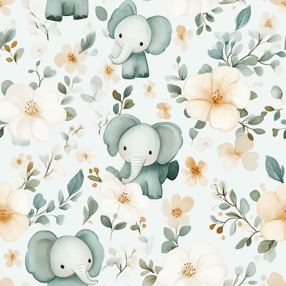 Cute Baby Elephant Floral Watercolor Pastel Nursery Wildflower Pattern