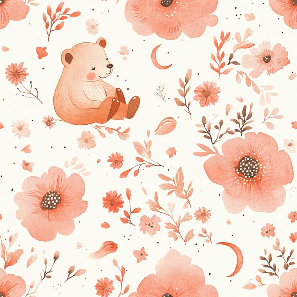 Cute Teddy Bear Floral Nursery Soft Watercolour Illustration Seamless