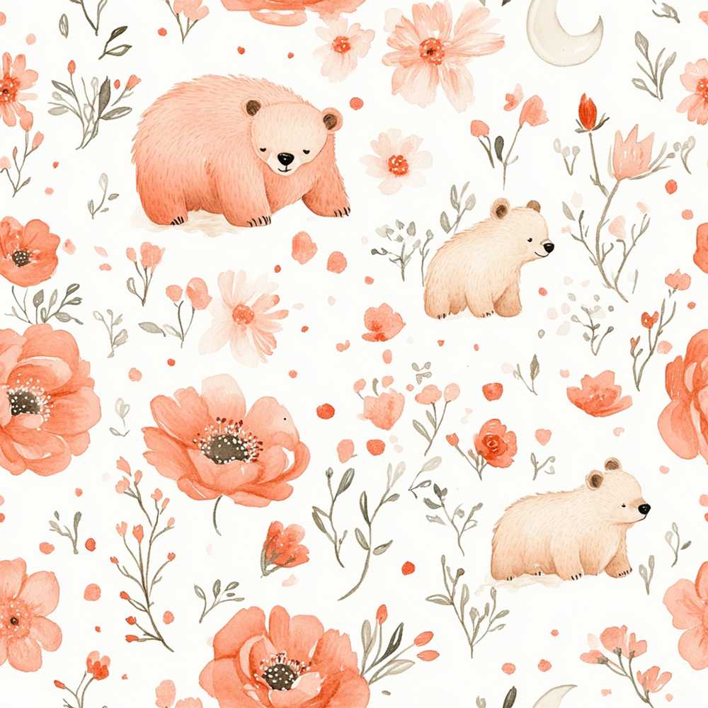 Cute Bear Floral Woodland Nursery Seamless Watercolour Wildflower Pattern
