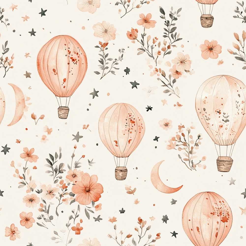 Soft Coral Floral Hot Air Balloon Sky Seamless Watercolour