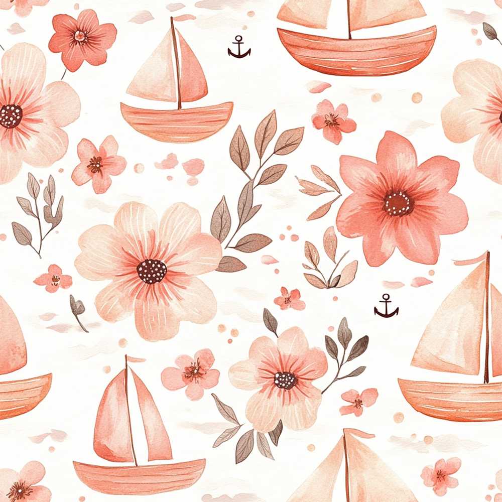Nautical Sailboat Floral Coastal Seamless Watercolour Wildflower Pattern Botanical