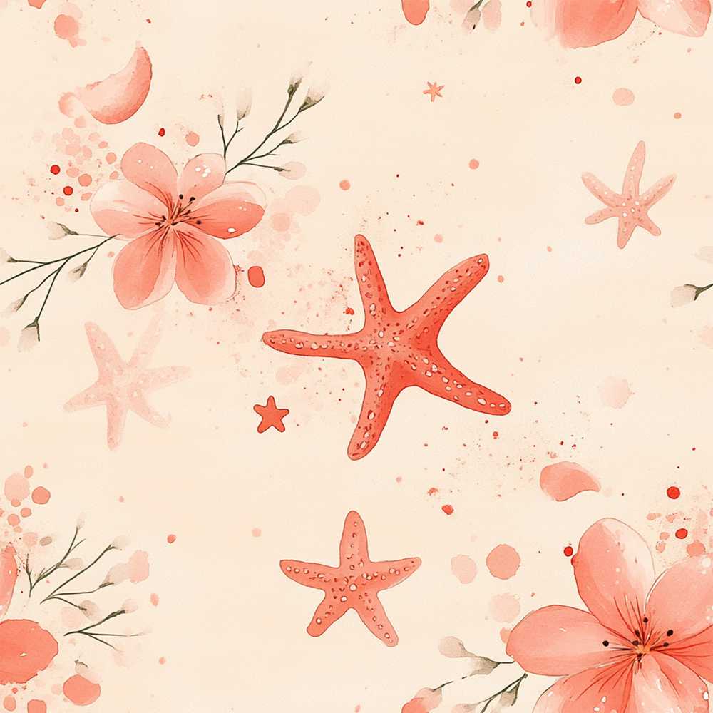 Coral Starfish Ocean Floral Seamless Watercolour Coastal Wildflower Pattern