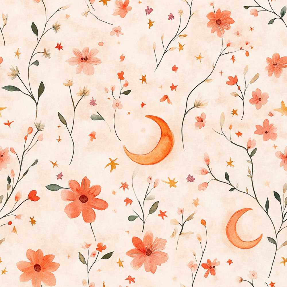 Celestial Moon Floral Night Sky Seamless Watercolour Wildflower Pattern