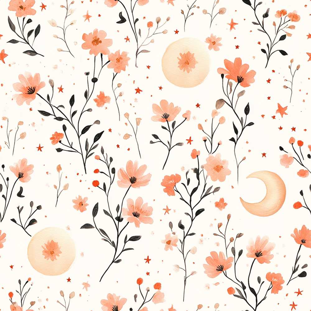 Watercolor Peach Floral Moon Star Botanical Digital Print by the