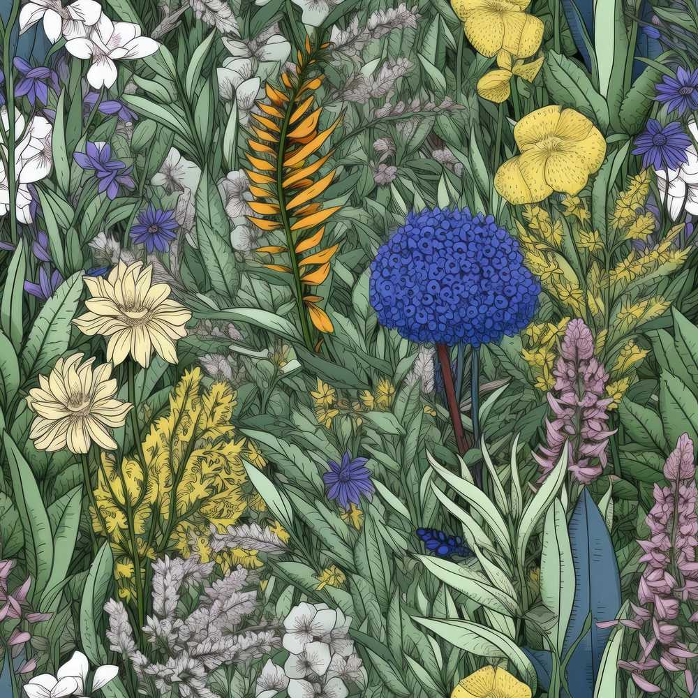 Tropical Botanical Garden Illustration Green Floral Wildflower Pattern