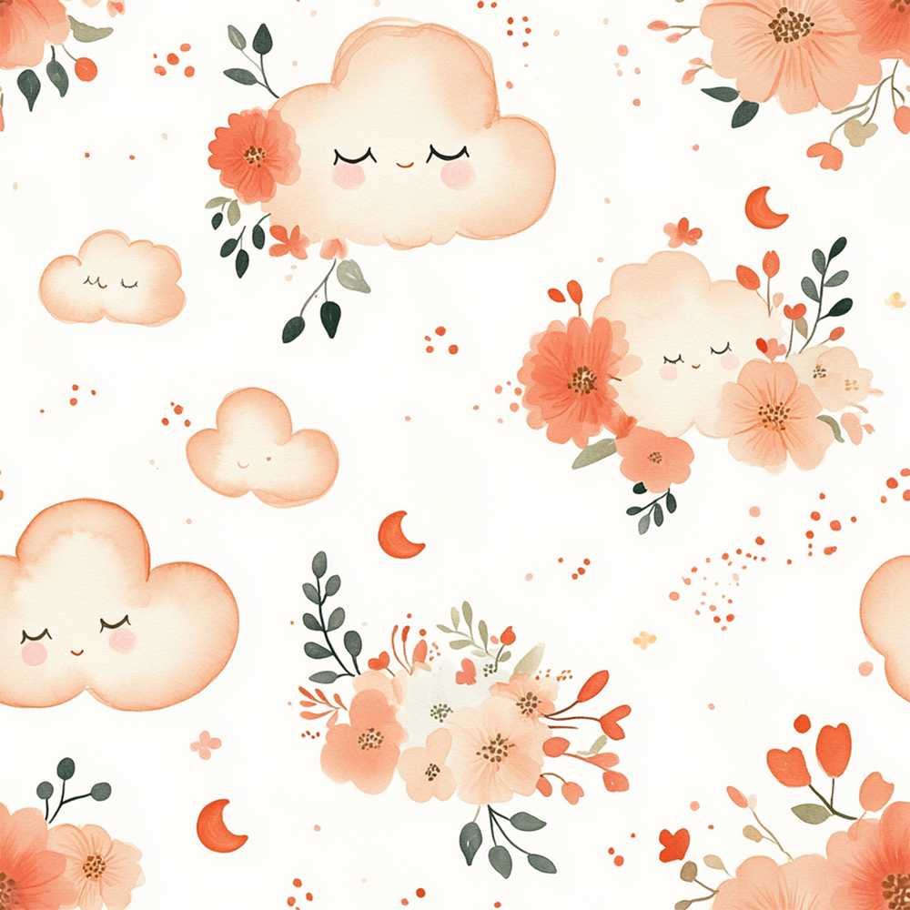 Peach Cloud and Floral Dreamy Wildflower Pattern Botanical