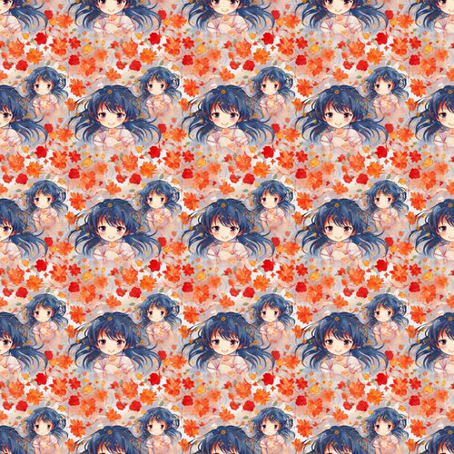 Anime Girl Floral Orange Blue Kawaii Character Wildflower Pattern