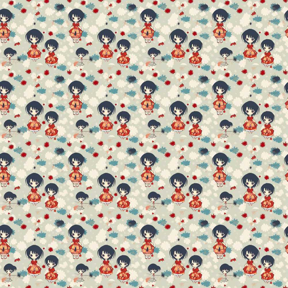 Japanese Doll Red Kimono Floral Traditional Style Wildflower Pattern