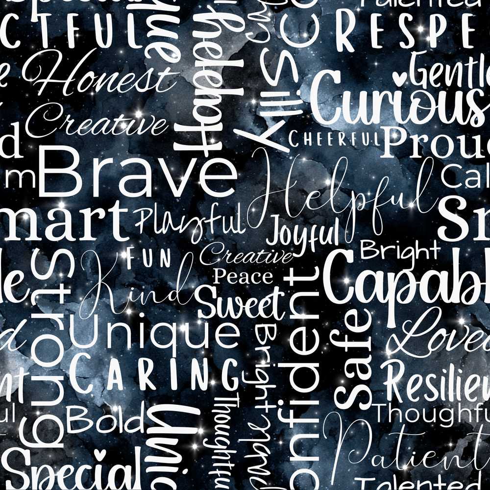 Galaxy Sparkle Typography Black Motivational Word Cosmic Illustration