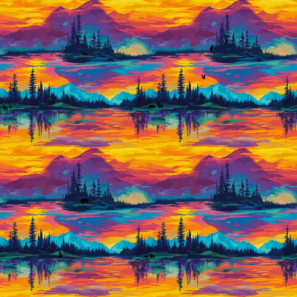 Neon Sunset Mountain Lake Landscape Decorative Repeat Pattern