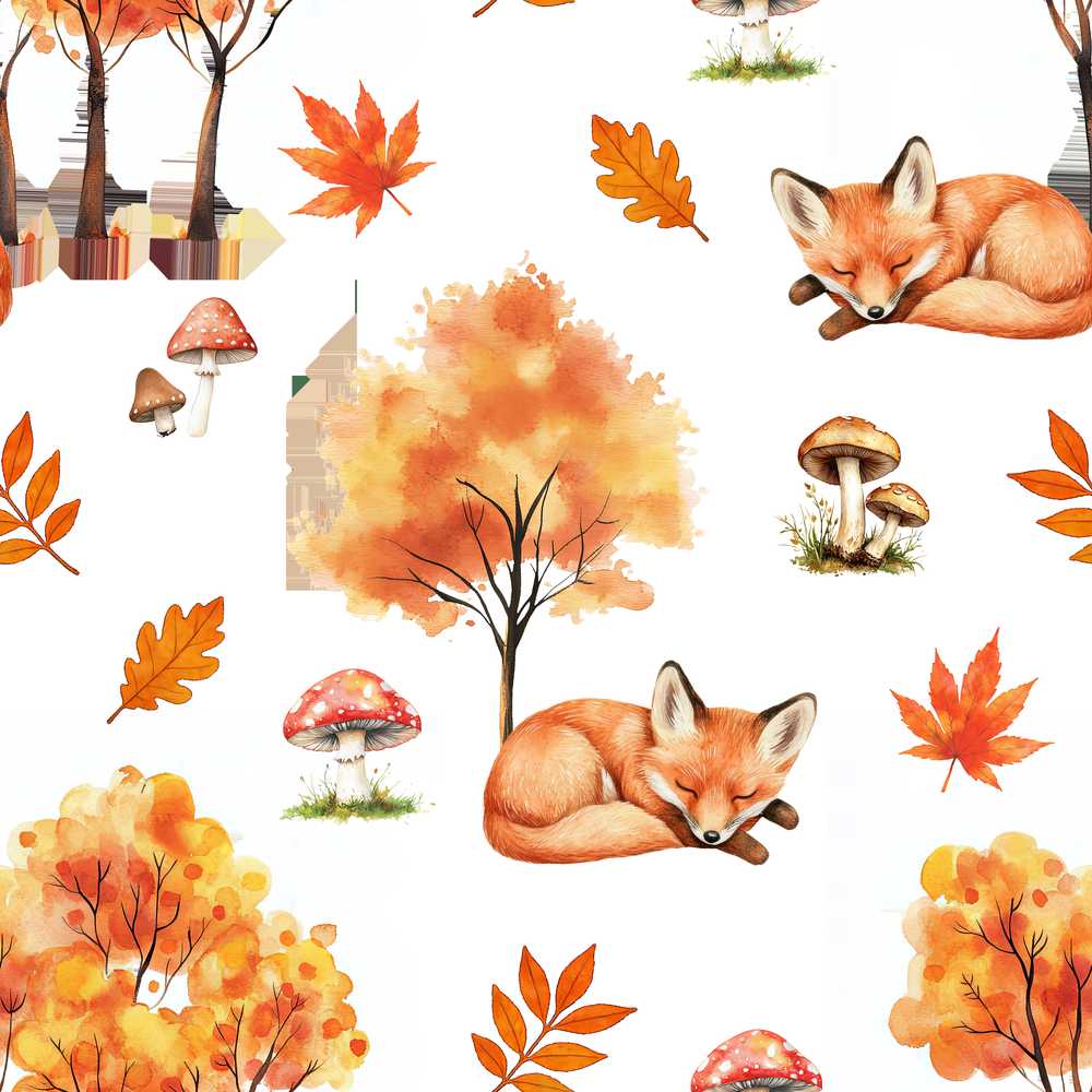 Autumn Fox Mushroom Forest Illustration Repeat Pattern Design