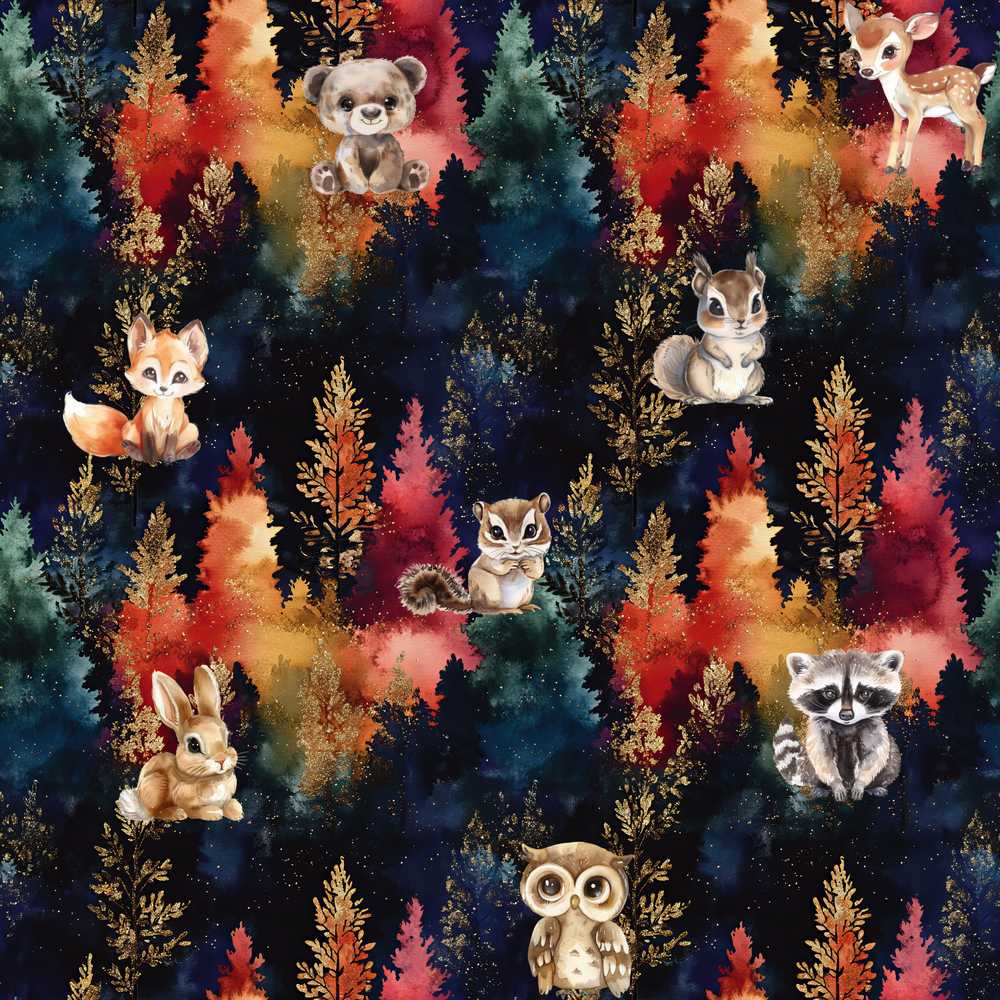 Dark Woodland Cute Animals Gold Leaf Wildflower Pattern Botanical
