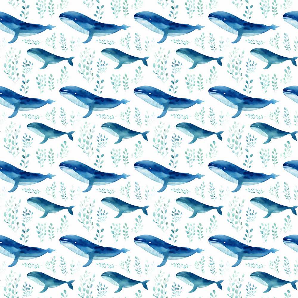 Watercolor Blue Whale Seaweed Marine Ocean Coastal Illustration