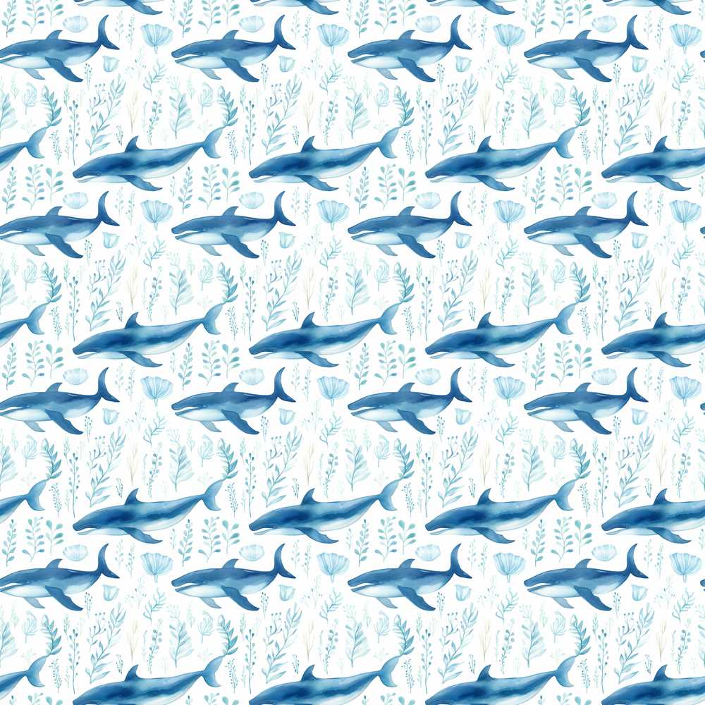 Watercolor Blue Dolphin Seaweed Marine Ocean Coastal Illustration