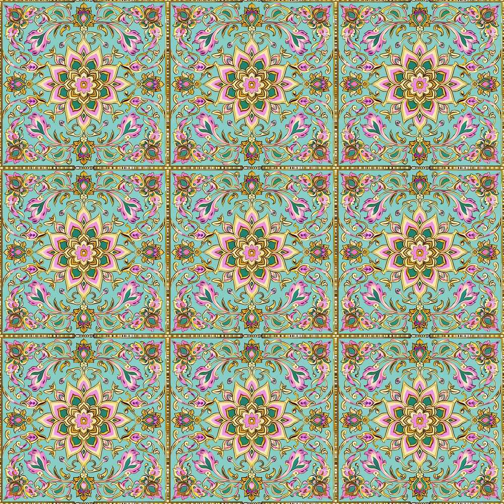 Teal Pink Mandala Floral Tile Decorative Symmetry Wildflower Pattern