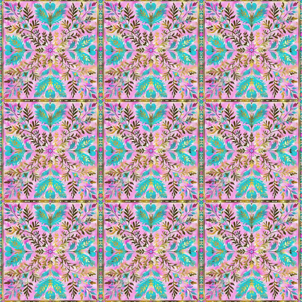 Pastel Pink Teal Folk Art Floral Tile Decorative Wildflower