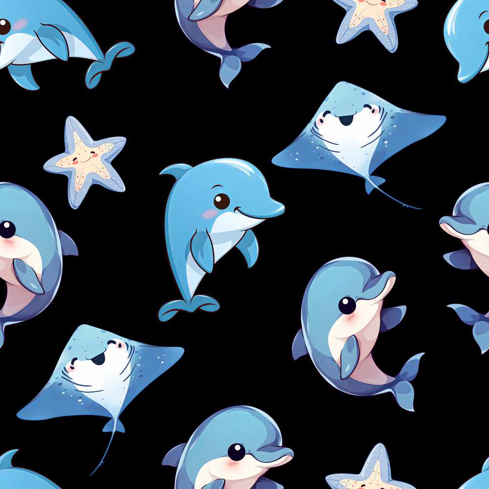 Cute Dolphin Stingray Starfish Cartoon Sea Life Black