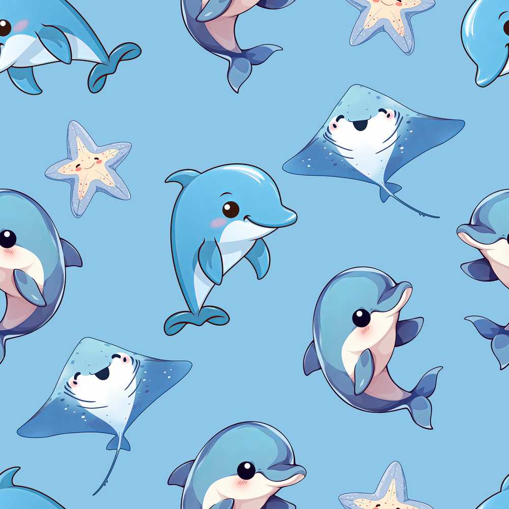 Cute Dolphin Stingray Starfish Cartoon Sea Life Blue