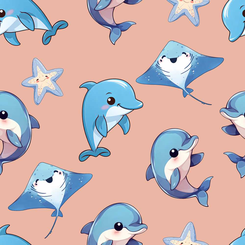 Cute Dolphin Stingray Starfish Cartoon Sea Life Beige