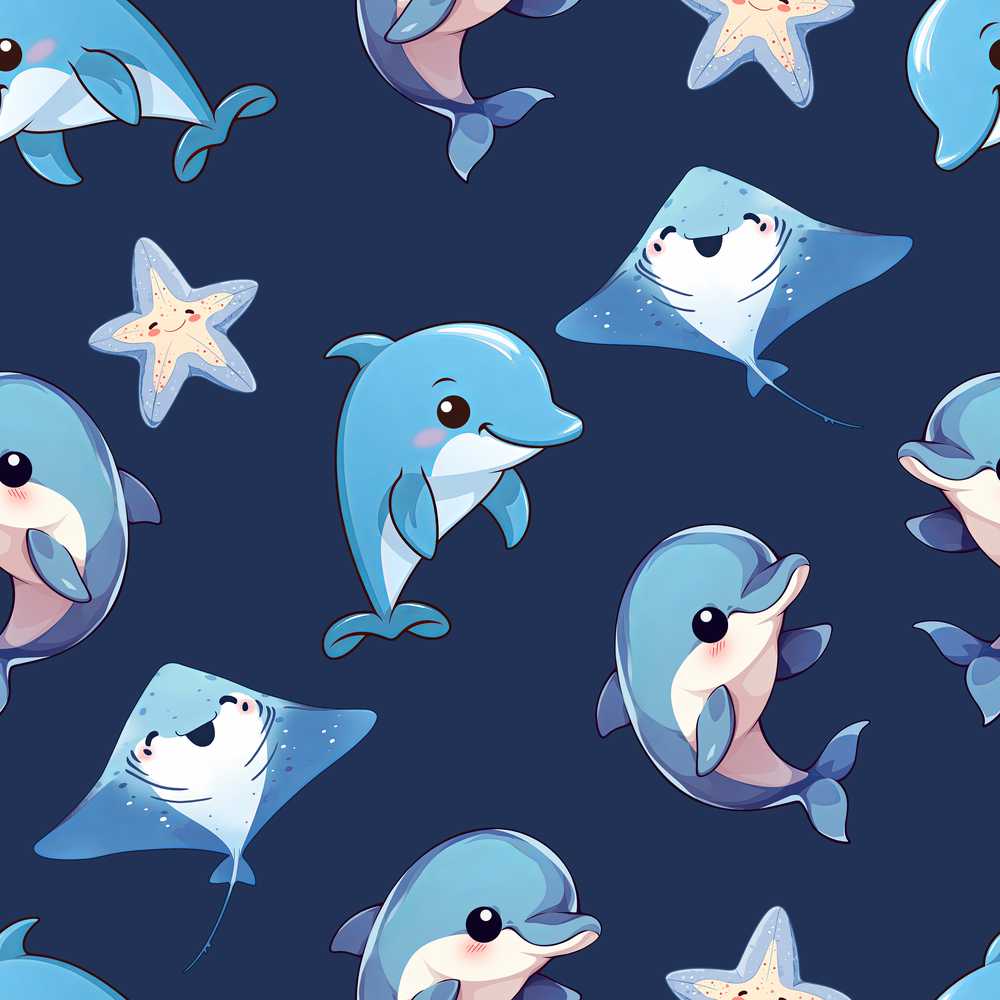 Cute Dolphin Stingray Starfish Cartoon Sea Life Navy