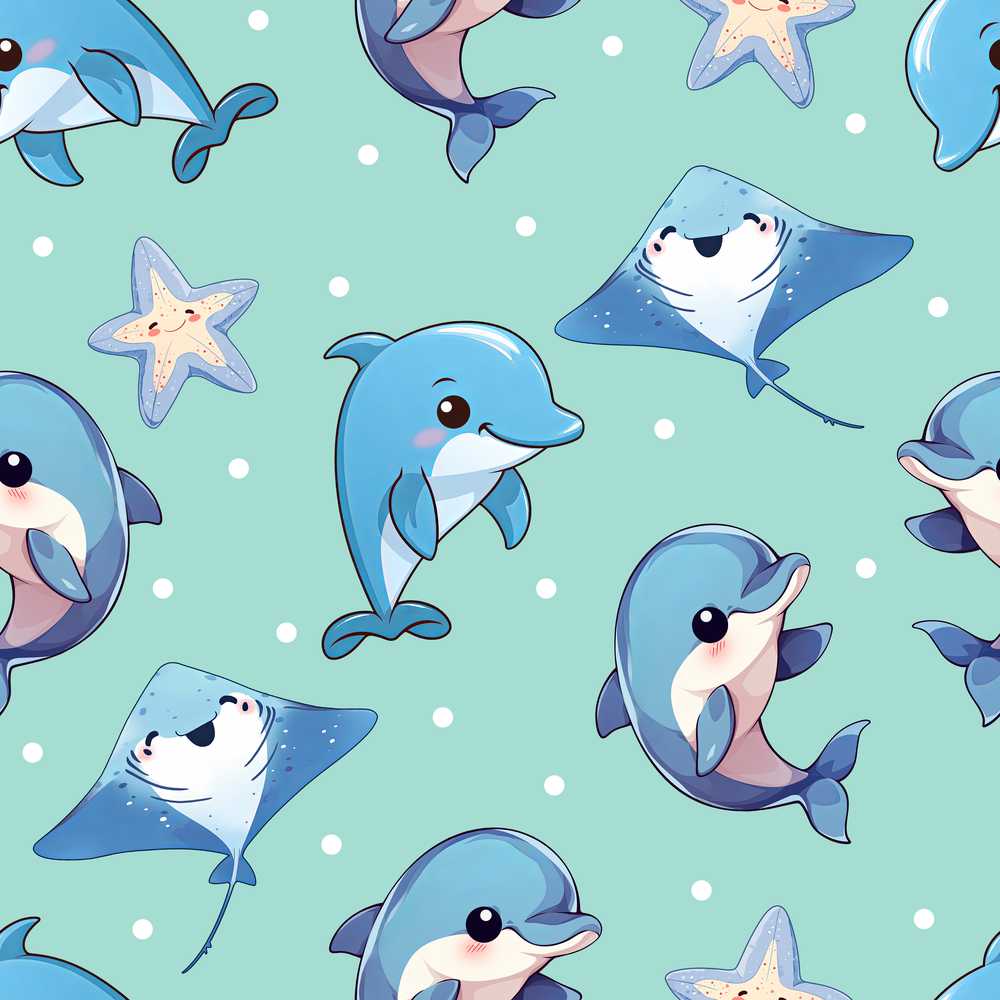 Cute Dolphin Stingray Starfish Cartoon Sea Life Mint