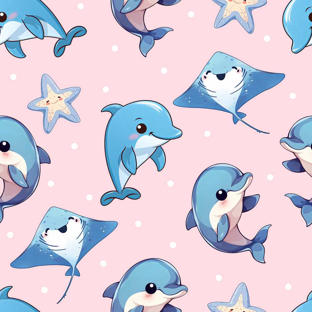 Cute Dolphin Stingray Starfish Cartoon Sea Life Pink