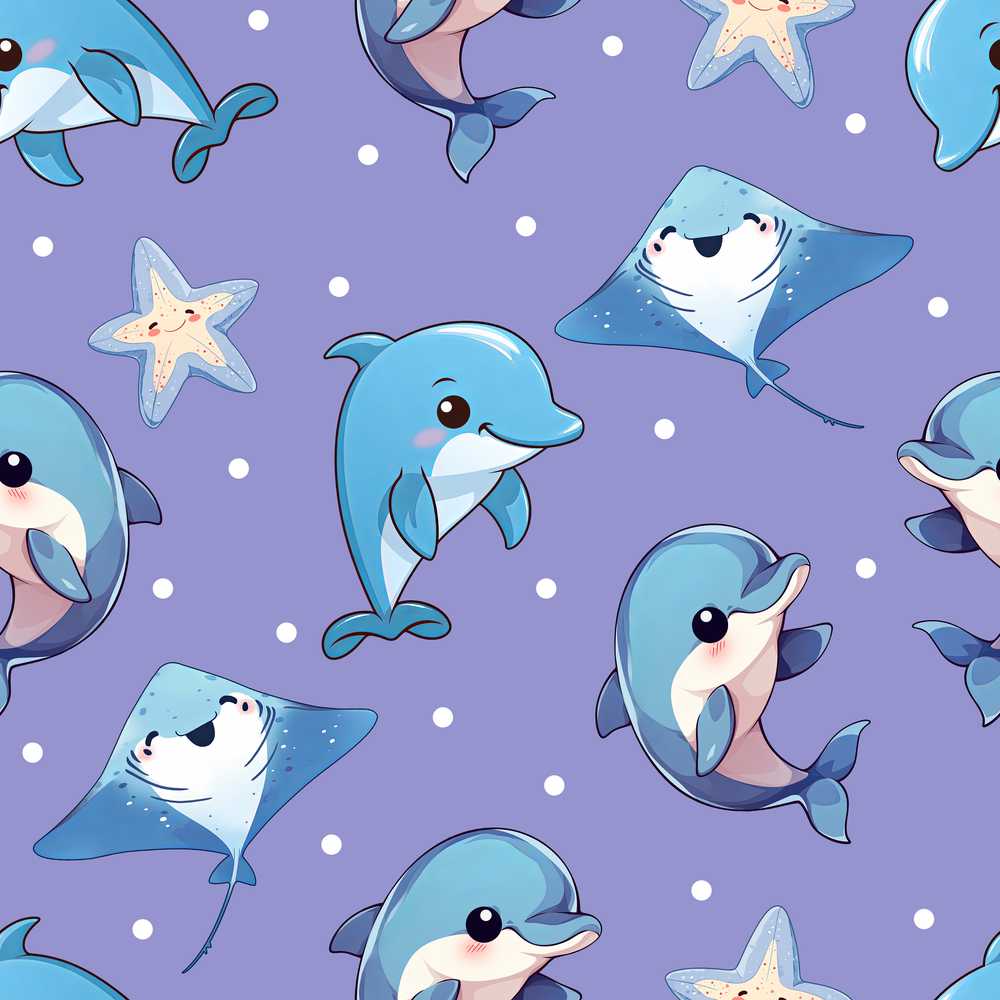 Cute Dolphin Stingray Starfish Ocean Sea Life Blue Purple Background