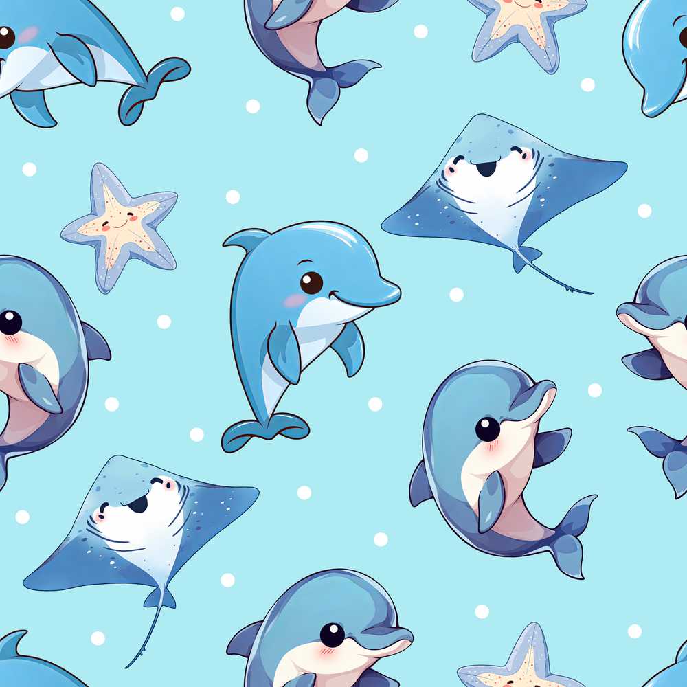 Cute Dolphin Stingray Starfish Ocean Sea Life Soft Aqua Background