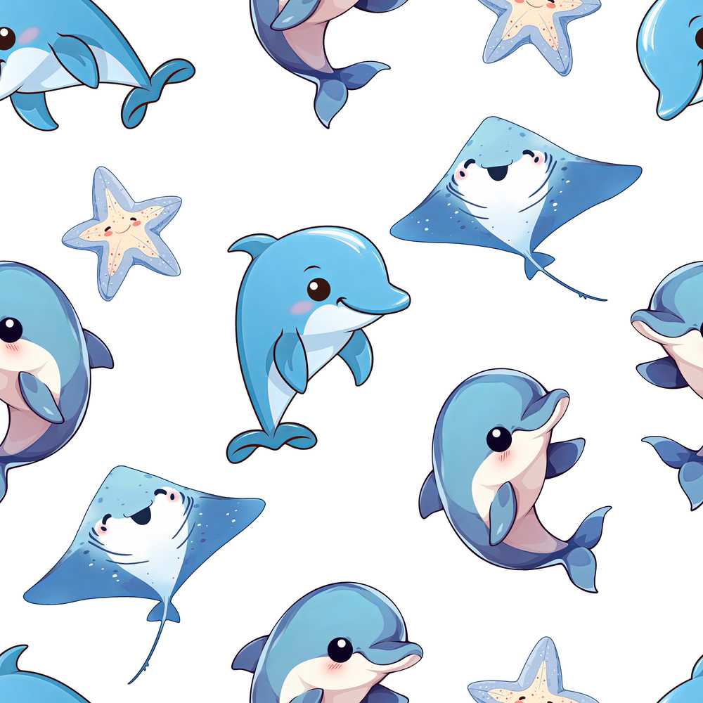 Cute Dolphin Stingray Starfish Ocean Sea Life Light Grey Background