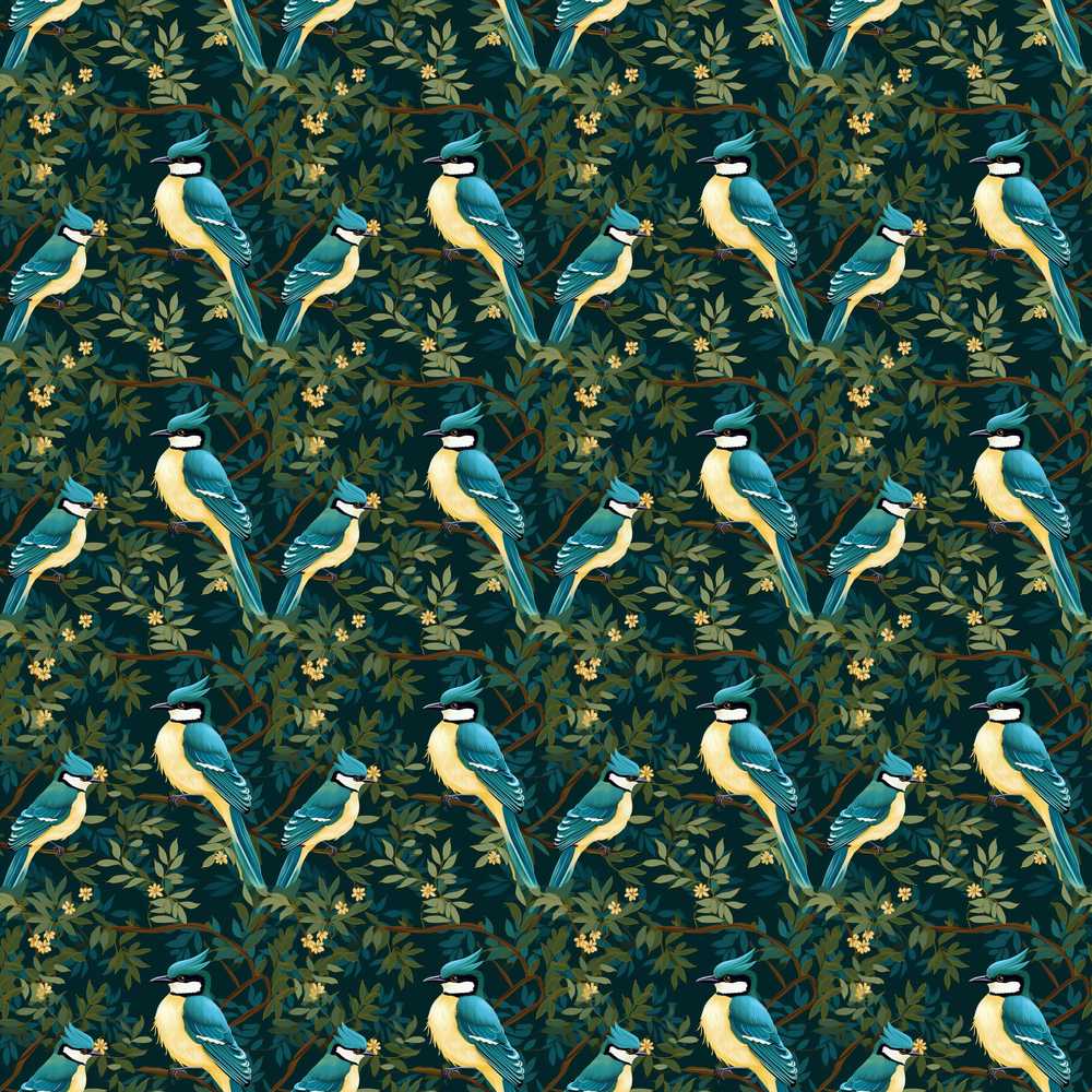 Teal Yellow Songbird Forest Leaves Seamless Dark Botanical Nature