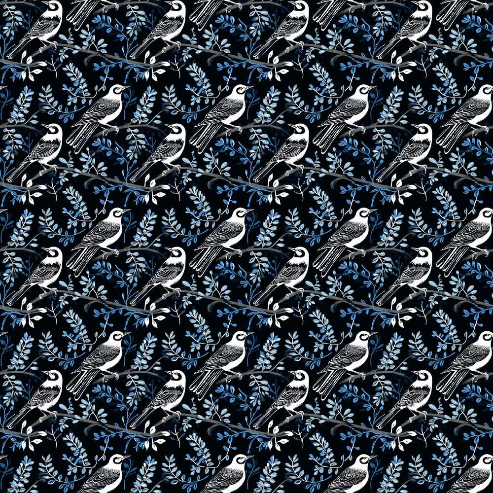 Monochrome Bird Branch Leaf Black Blue Elegant Nature Wildflower