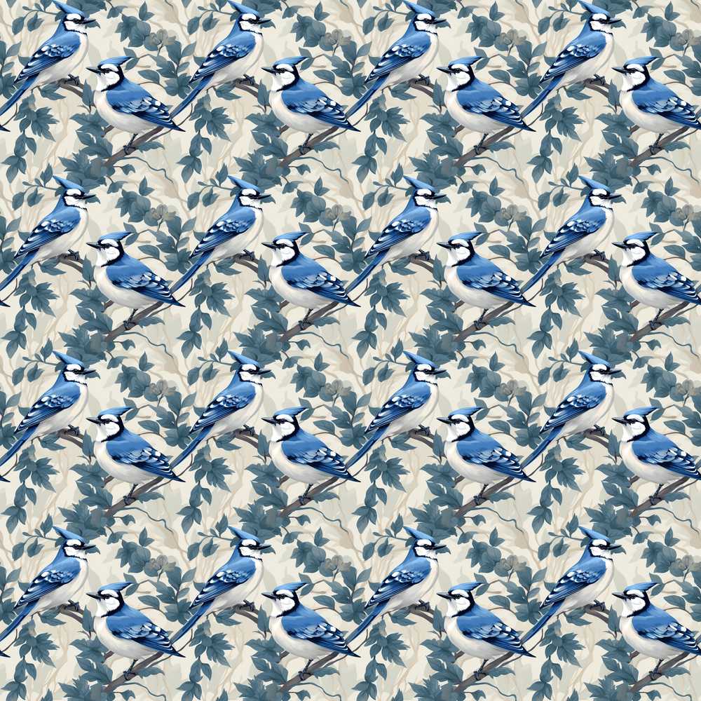 Blue Jay Bird Neutral Botanical Leaf Classic Nature Textile