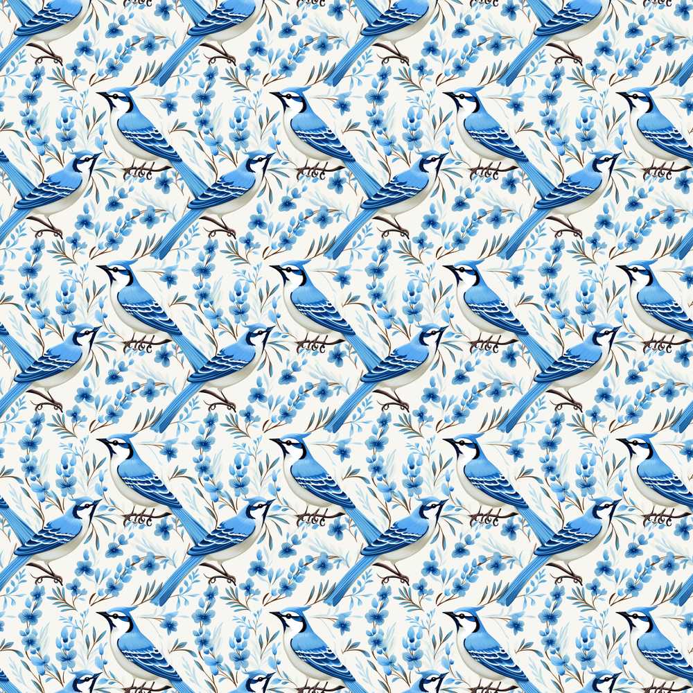 Blue Jay Bird Delicate Floral Seamless Soft Blue Botanical Nature