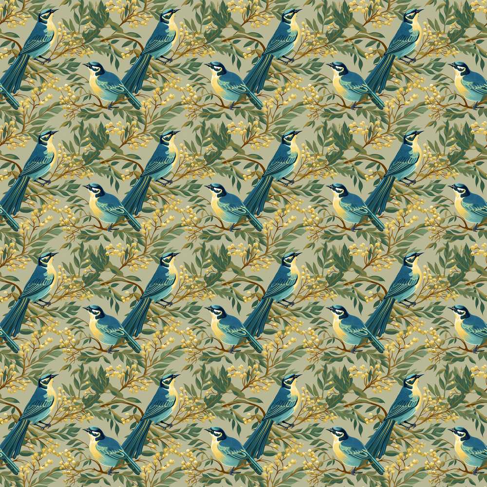 Teal Yellow Bird Botanical Branch Vintage Nature Floral Wildflower