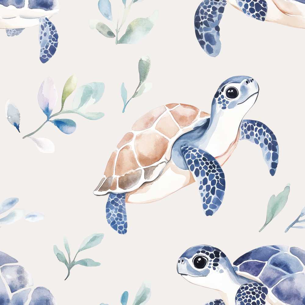 Watercolor Sea Turtle Ocean Minimal Leaf Wildflower Pattern Botanical