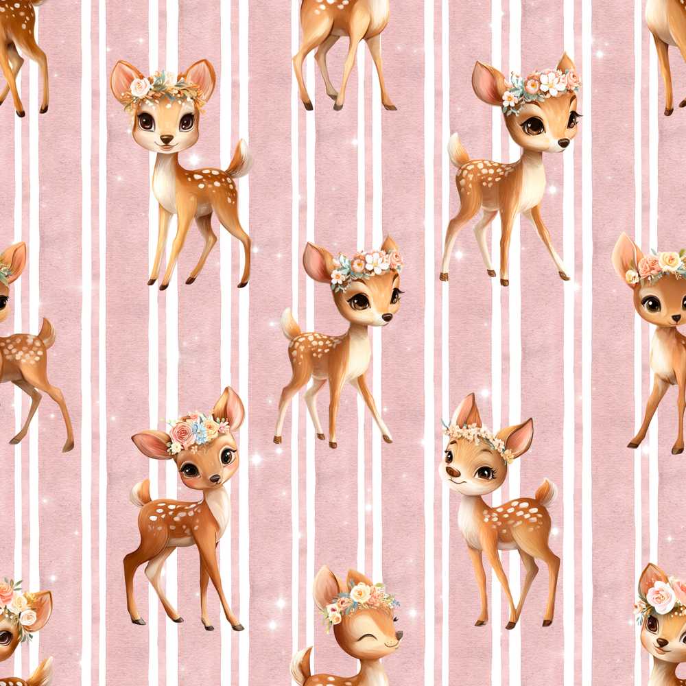 Cute Baby Deer Pink Stripes Floral Crown Wildflower Pattern