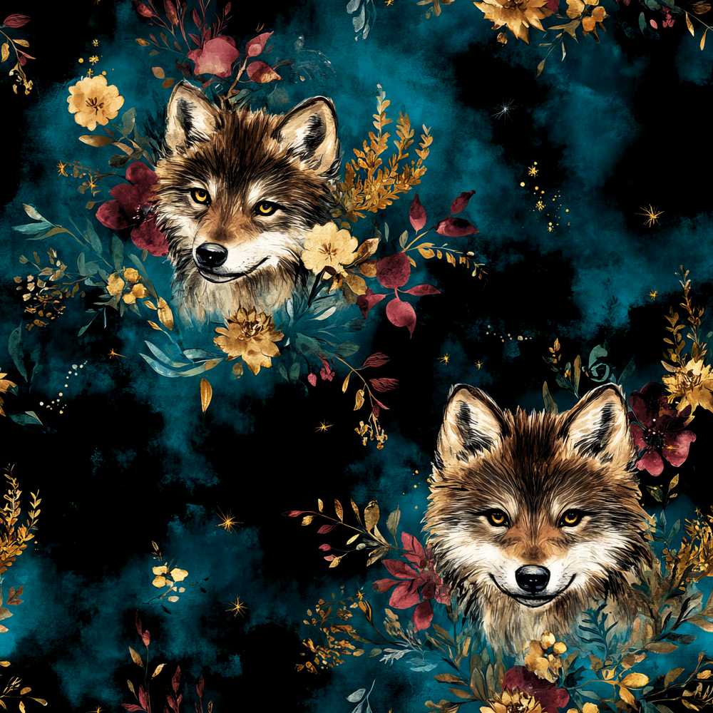 Wolf Head Floral Dark Forest Artistic Wildflower Pattern Botanical