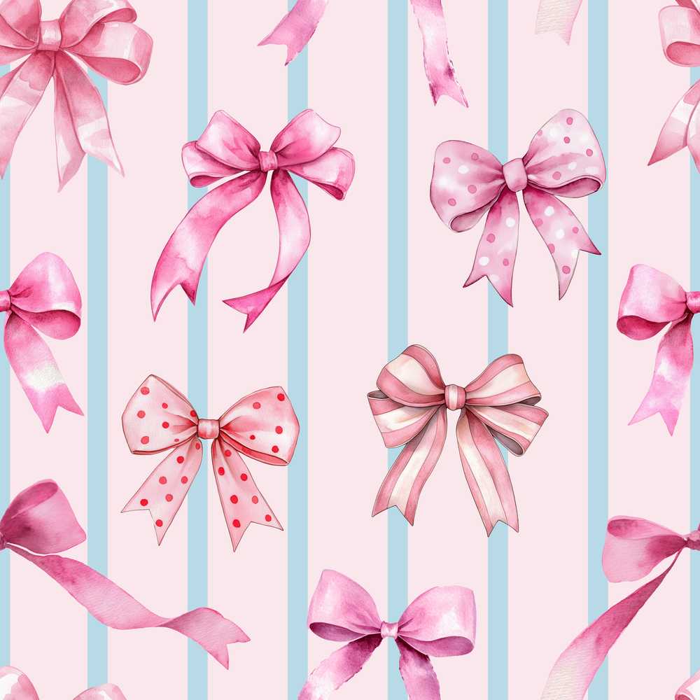 Watercolor Pink Ribbon Bow with Blue Stripes Background